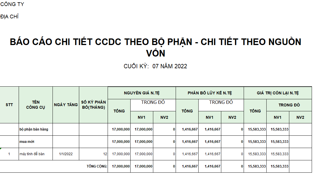 Báo cáo chi tiết CCDC theo bộ phận và nguồn vốn ( NGOẠI TỆ )