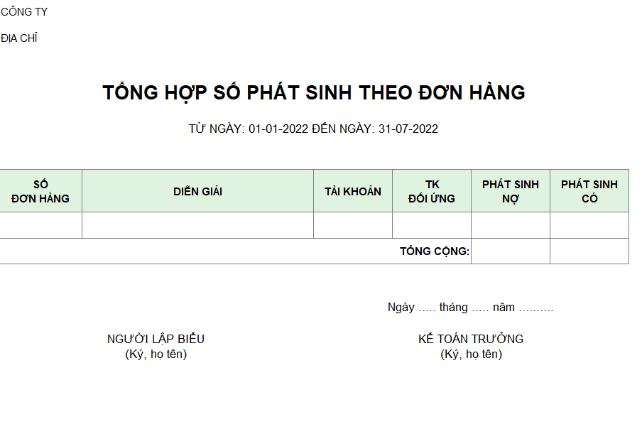 Mẫu bảng tổng hợp số phát sinh theo đơn hàng