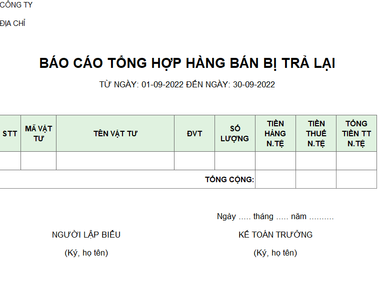 Mẫu báo cáo tổng hợp hàng bán bị trả lại ( không giá vốn, không chiết khấu) ( NGOẠI TỆ )