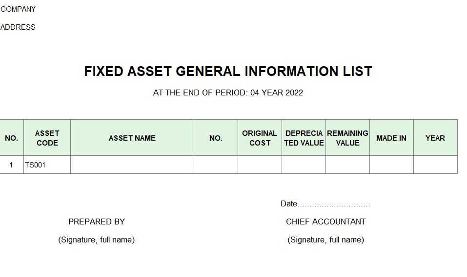 Bảng kê thông tin chung TSCĐ ( TIẾNG ANH )