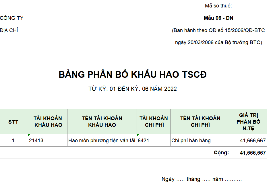 Bảng phân bổ khấu hao TSCĐ ( NGOẠI TỆ )