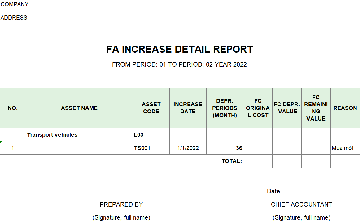 Mẫu báo cáo chi tiết tăng TSCĐ ( TIẾNG ANH -NGOẠI TỆ )