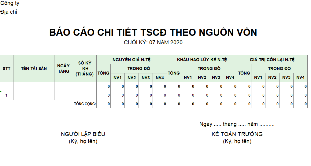 Mẫu báo cáo chi tiết TSCĐ theo nguồn vốn ( NGOẠI TỆ )