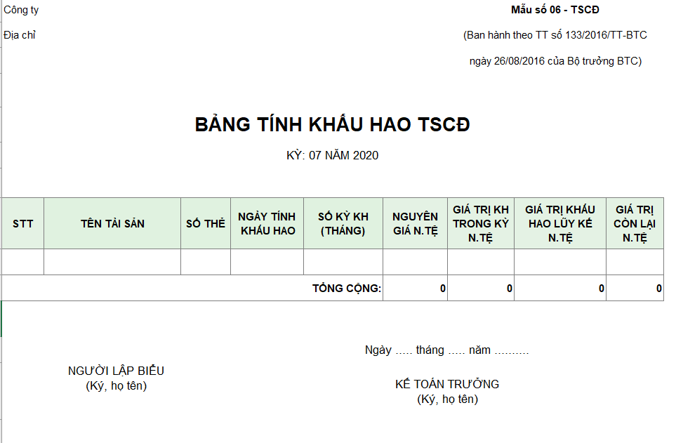 Mẫu bảng tính khấu hao TSCĐ theo TT 133 ( NGOẠI TỆ )