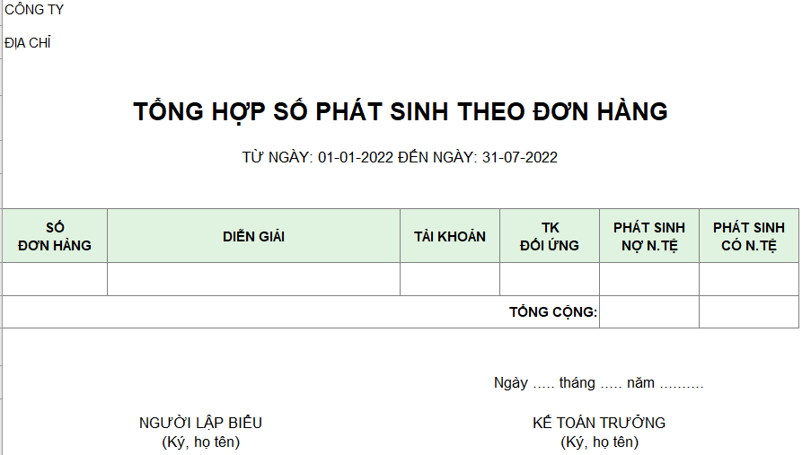 Mẫu bảng tổng hợp số phát sinh theo đơn hàng ( NGOẠI TỆ )