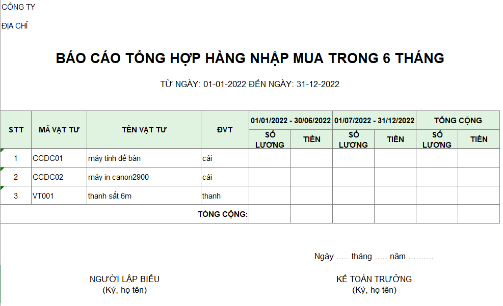 Báo cáo tổng hợp hàng nhập mua trong 6 tháng