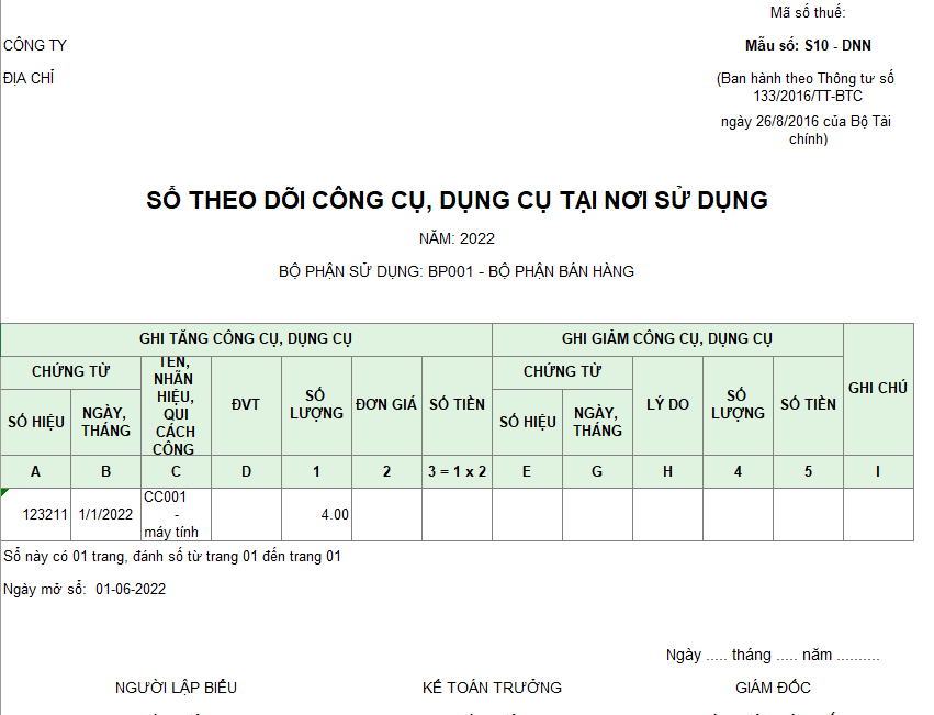 Mẫu sổ theo dõi CCDC tại nơi sử dụng theo TT 133