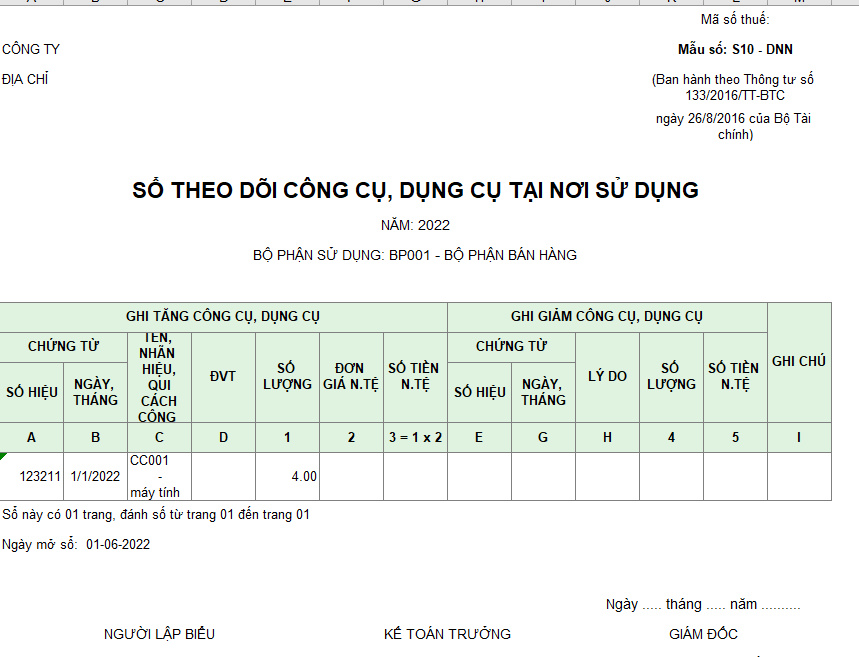 Mẫu sổ theo dõi CCDC tại nơi sử dụng theo TT 133 ( NGOẠI TỆ )