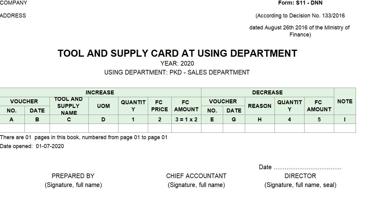 Mẫu sổ theo dõi CCDC tại nơi sử dụng theo TT 133 ( TIẾNG ANH- NGOẠI TỆ)