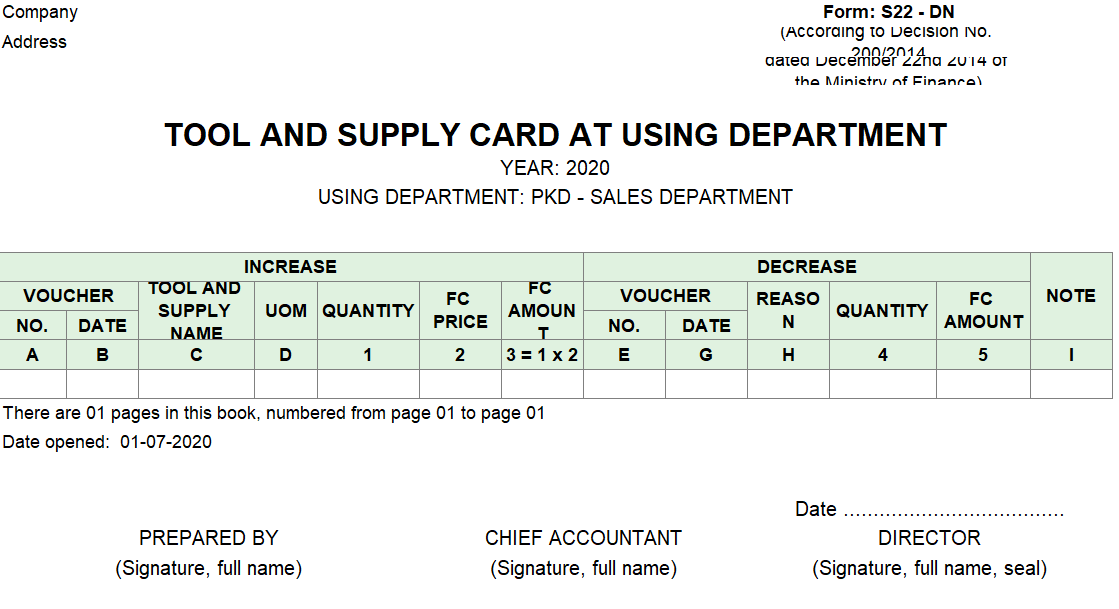Mẫu sổ theo dõi CCDC tại nơi sử dụng theo TT 200 ( TIẾNG ANH - NGOẠI TỆ)