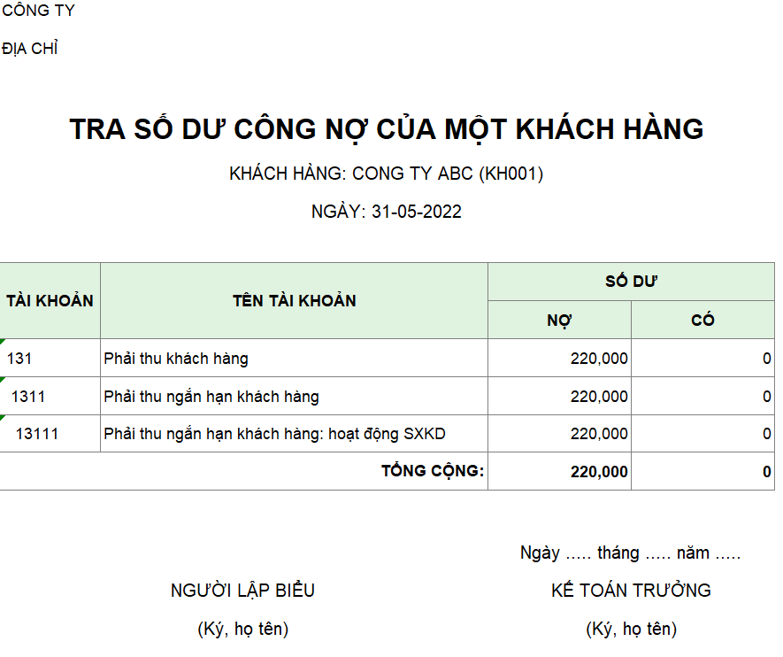 Mẫu tra số dư công nợ của một khách hàng